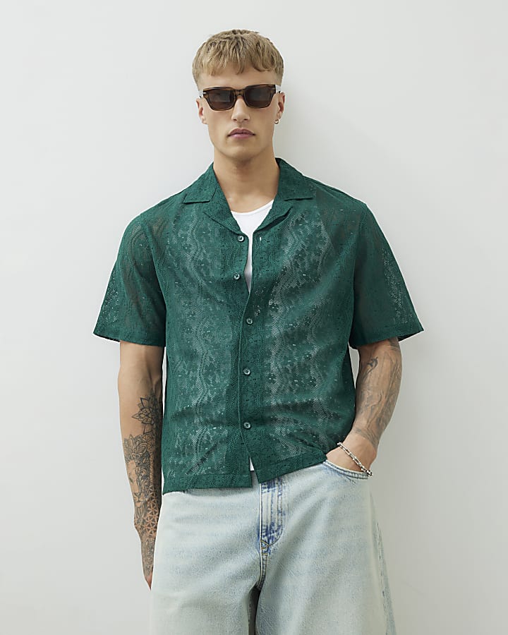 Green Short Sleeve Boxy Fit Lace Shirt