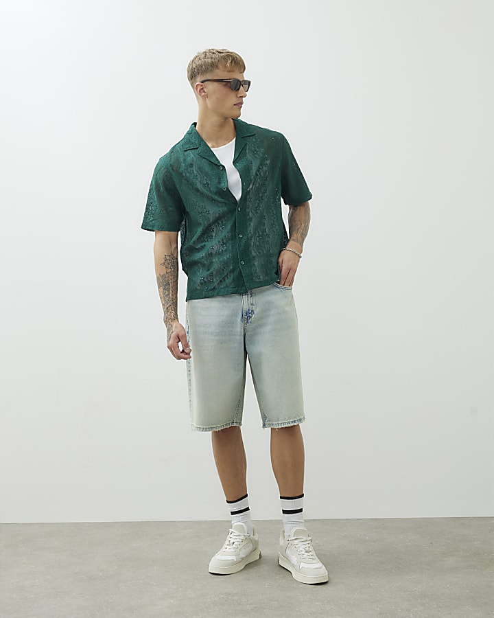 Green Short Sleeve Boxy Fit Lace Shirt