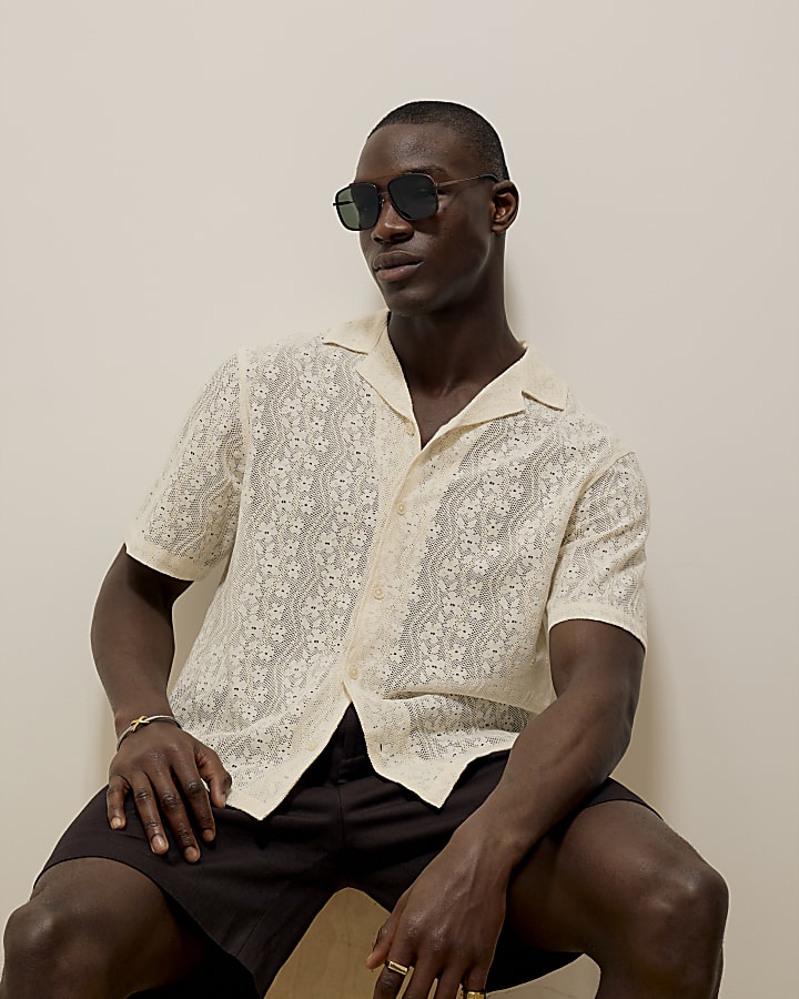 Ecru Short Sleeve Boxy Fit Lace Shirt