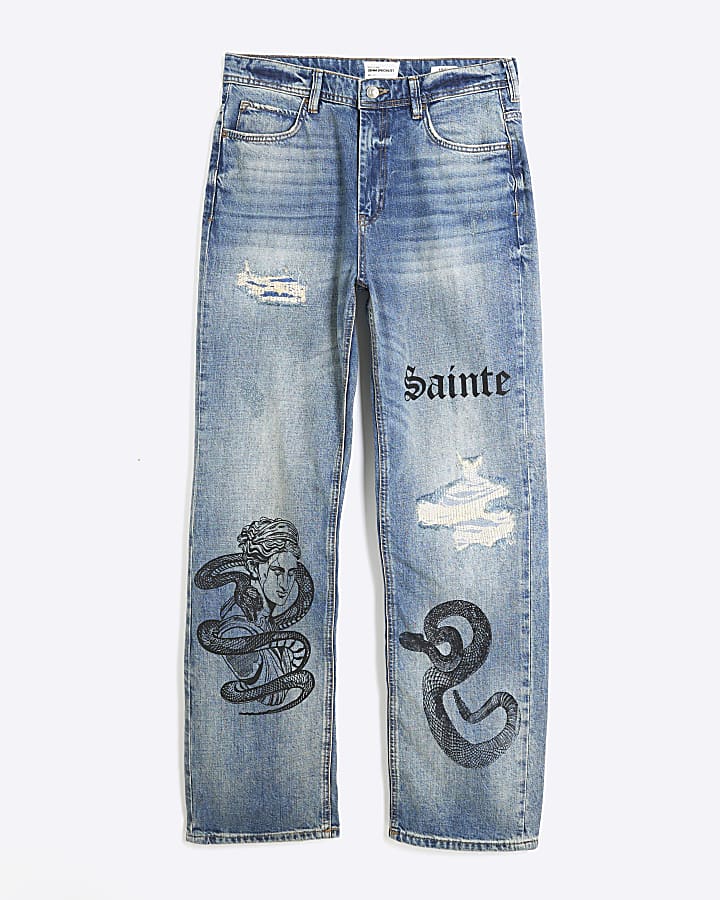 Blue Denim Loose Fit Ripped Snake Print Jeans