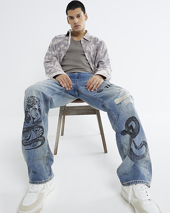 Blue Denim Loose Fit Ripped Snake Print Jeans