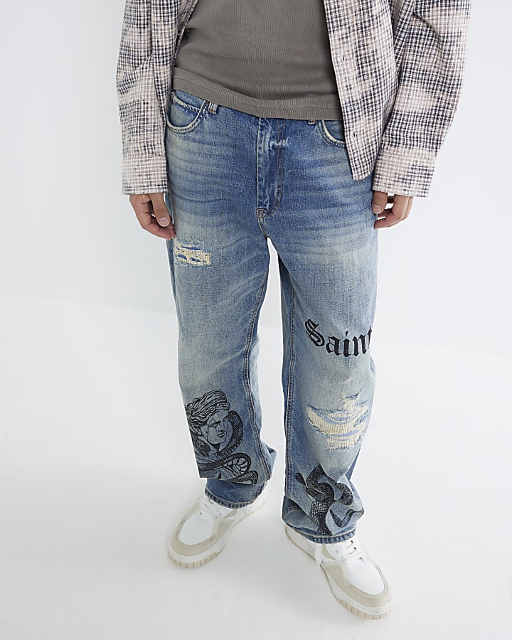 Blue Denim Loose Fit Ripped Snake Print Jeans