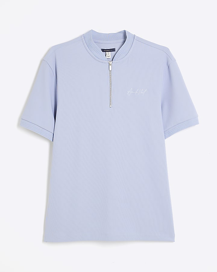 Blue Slim Fit Baseball Collar Polo Shirt