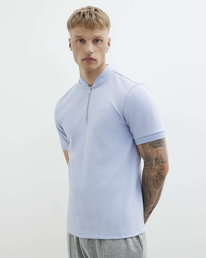 Blue Slim Fit Baseball Collar Polo Shirt