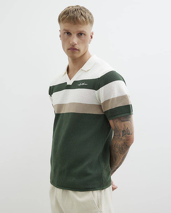 Green Knitted Open Collar Polo Shirt