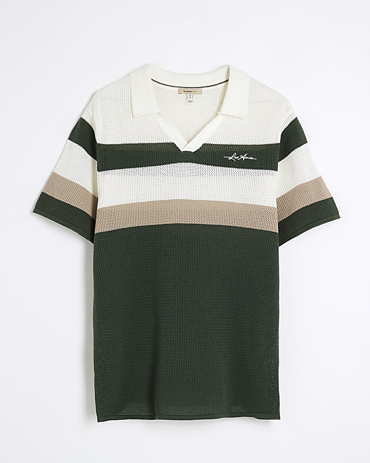 Green Knitted Open Collar Stripe Polo Shirt