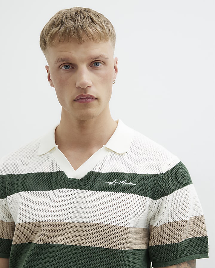 Green Knitted Open Collar Stripe Polo Shirt