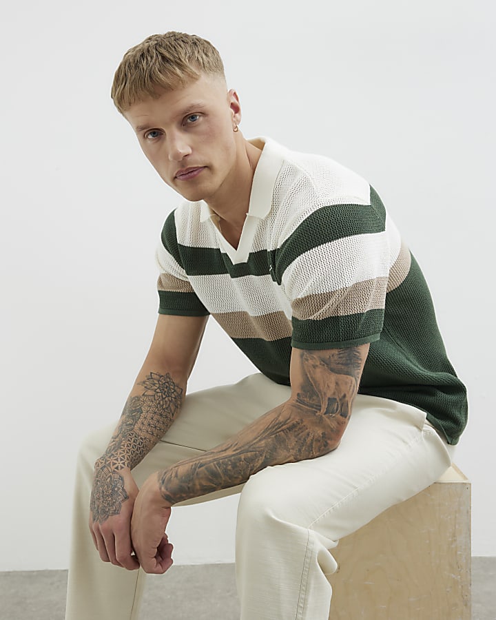 Green Knitted Open Collar Polo Shirt