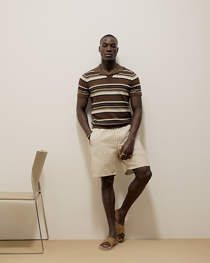 Brown Short Sleeve Stripe Revere Polo Shirt