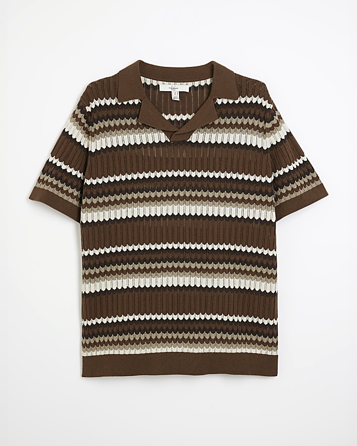 Brown Short Sleeve Stripe Revere Polo Shirt