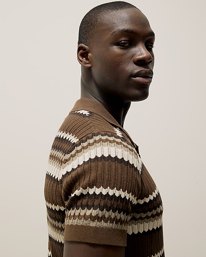 Brown Short Sleeve Stripe Revere Polo Shirt