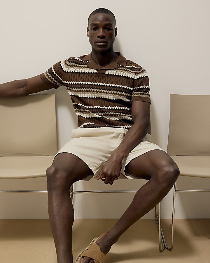 Brown Short Sleeve Stripe Revere Polo Shirt
