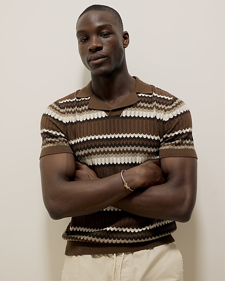 Brown Short Sleeve Stripe Revere Polo Shirt