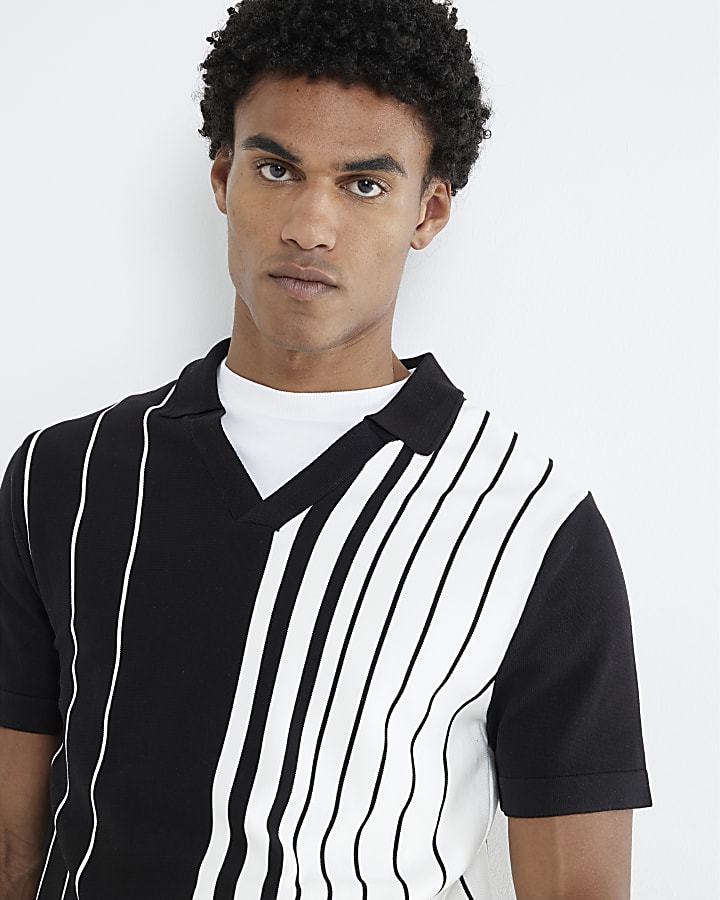 Black Short Sleeve Striped Open Collar Shirt