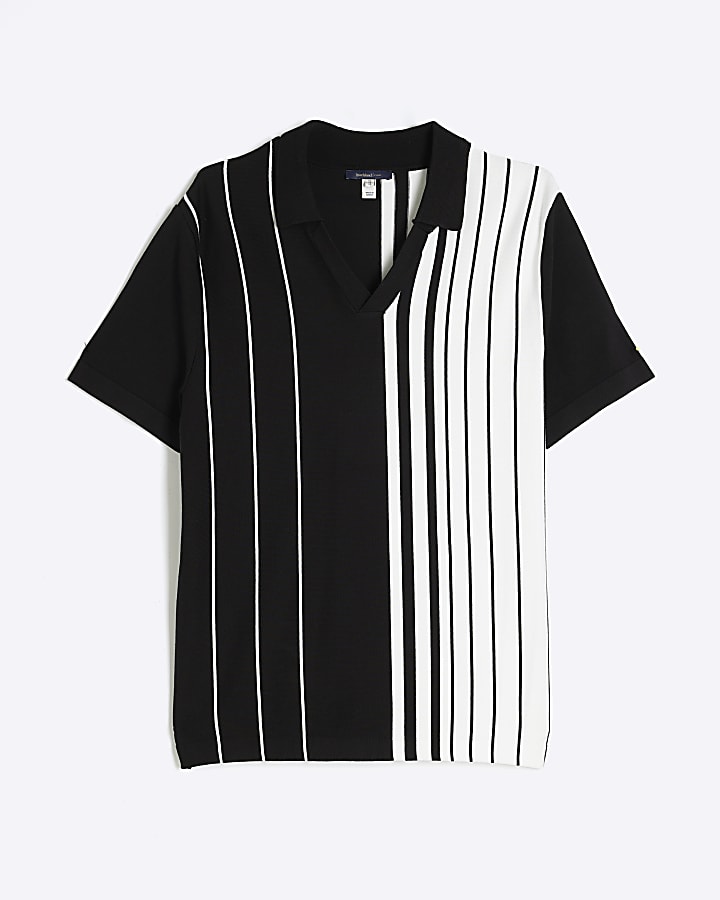 Black Short Sleeve Striped Open Collar Shirt