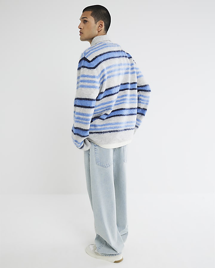 Blue Long Sleeve Brushed Stripe Polo Jumper