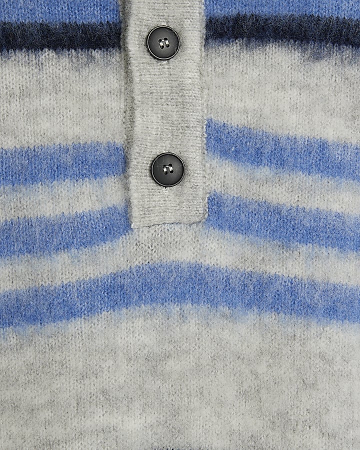 Blue Long Sleeve Brushed Stripe Polo Jumper