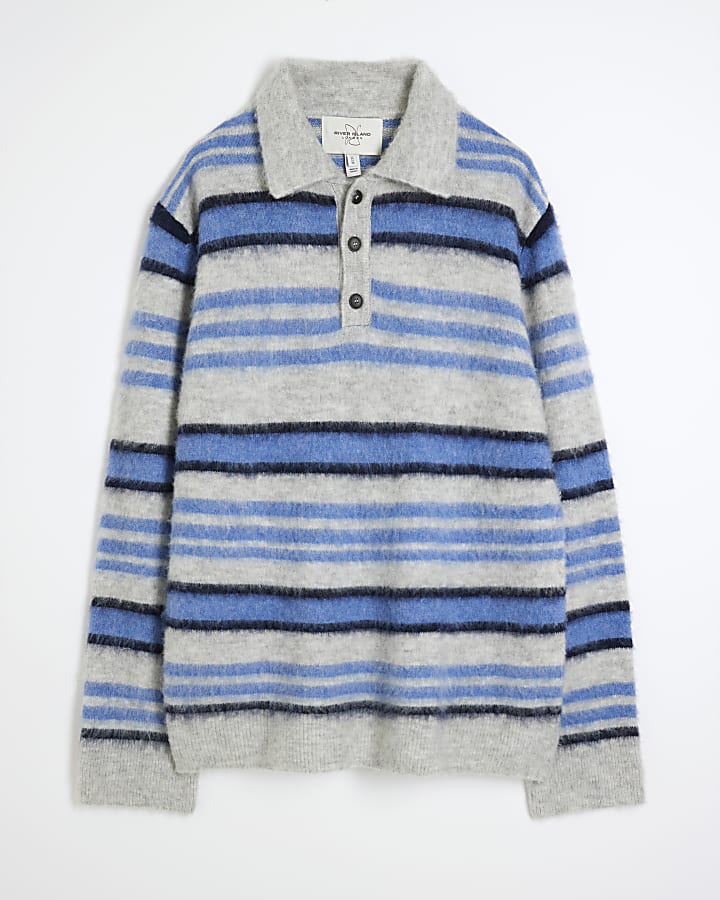 Blue Long Sleeve Brushed Stripe Polo Jumper