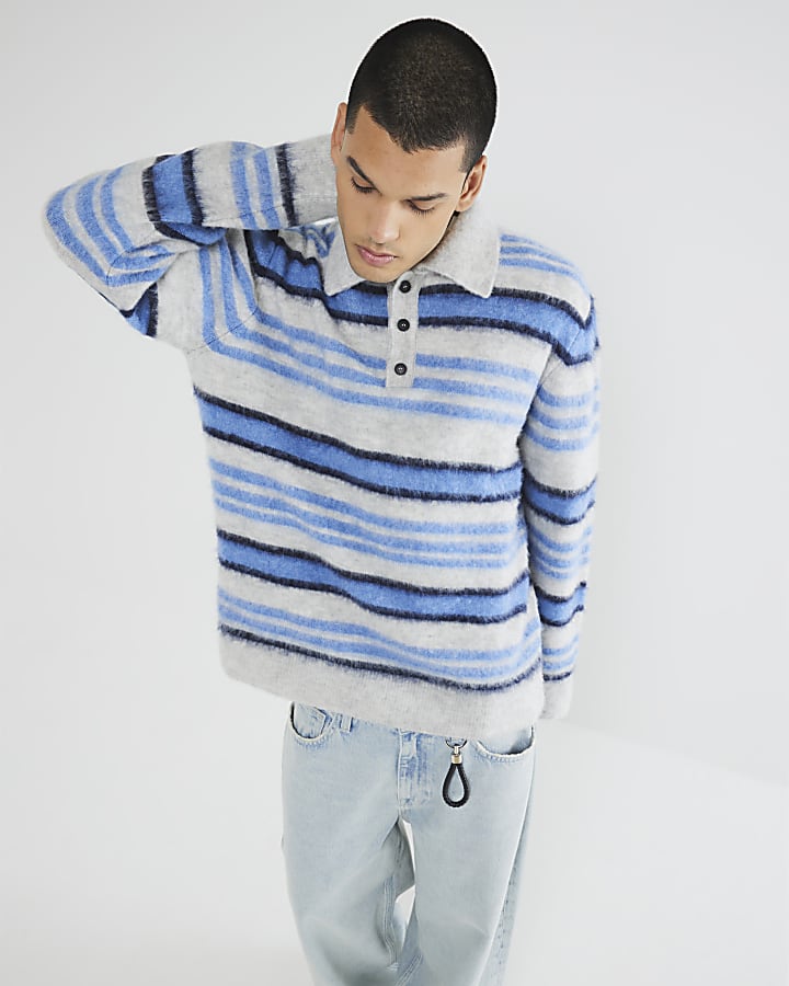 Blue Long Sleeve Brushed Stripe Polo Jumper