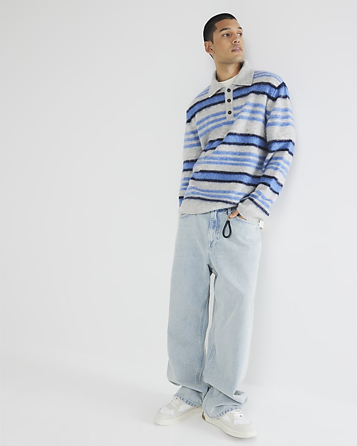 Blue Long Sleeve Brushed Stripe Polo Jumper