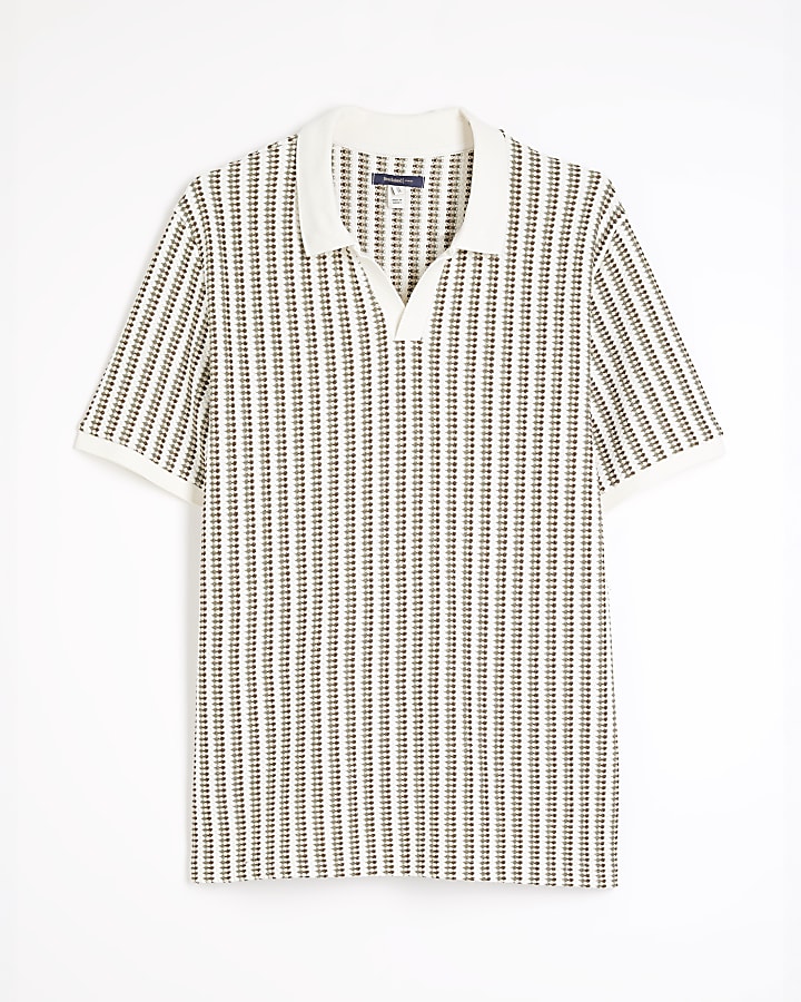 White Regular Fit Stripe Crochet Polo Shirt