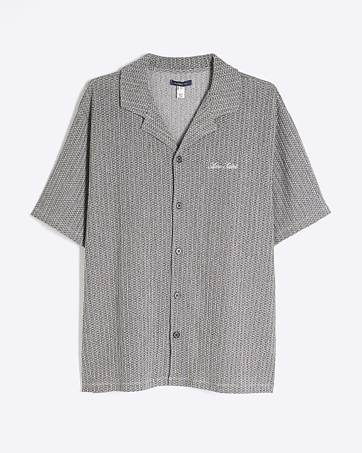 Grey Regular Fit Plisse Embroidered Shirt