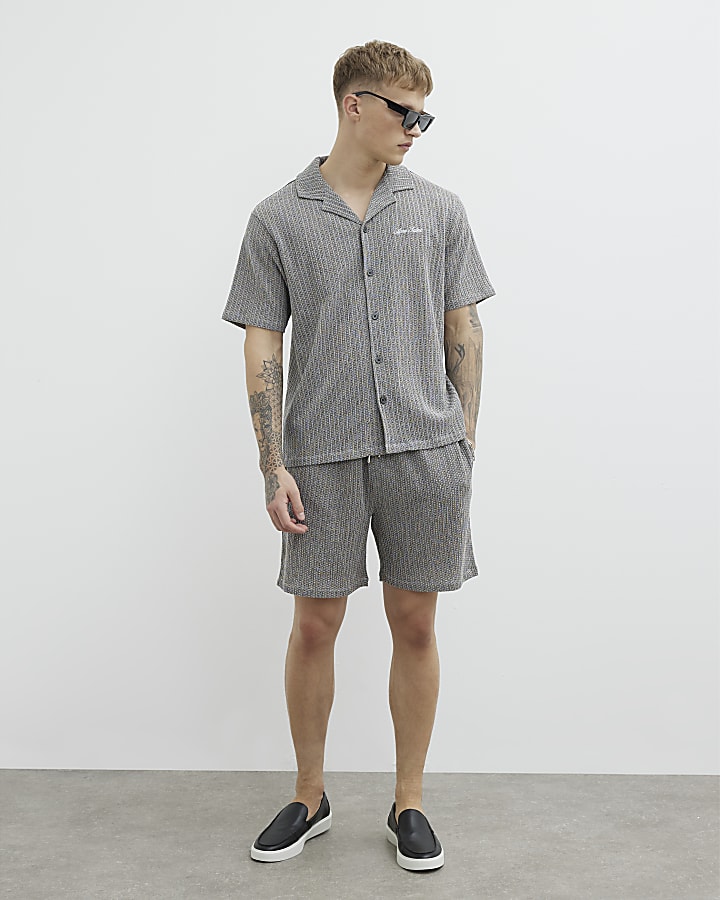 Grey Regular Fit Plisse Embroidered Shirt