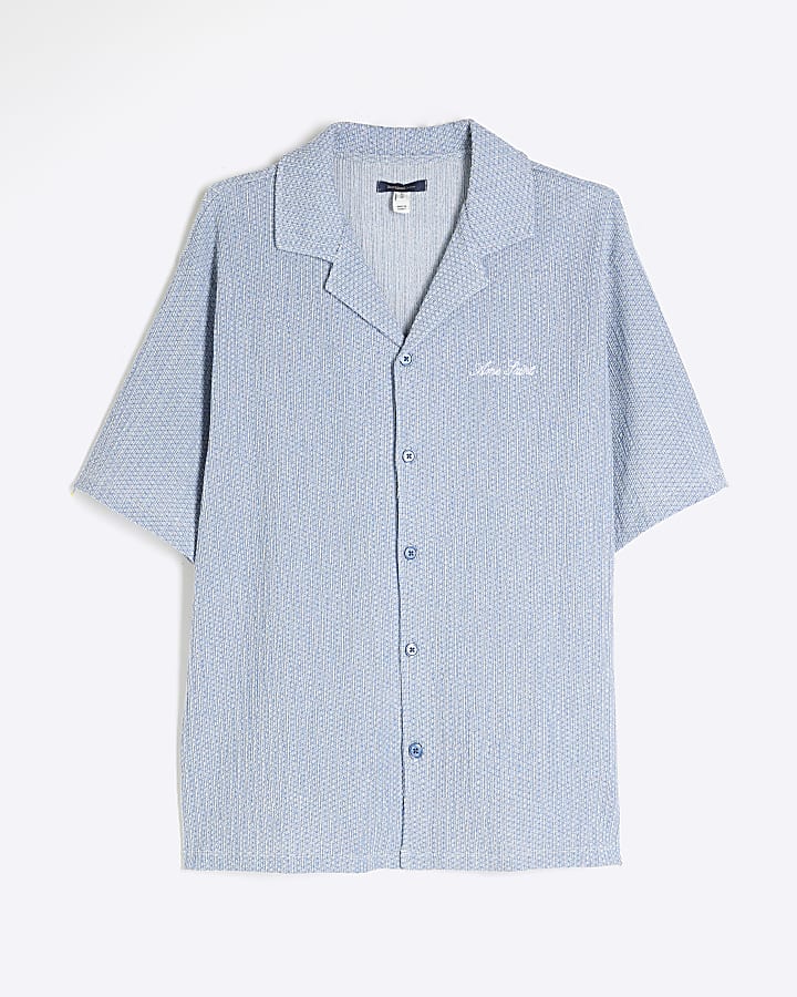 Blue Regular Fit Plisse Embroidered Shirt