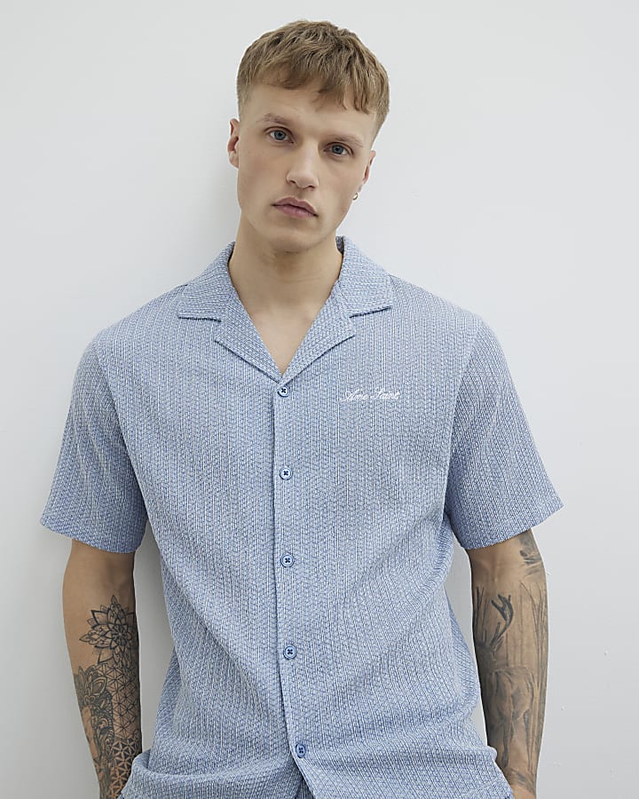 Blue Regular Fit Plisse Embroidered Shirt