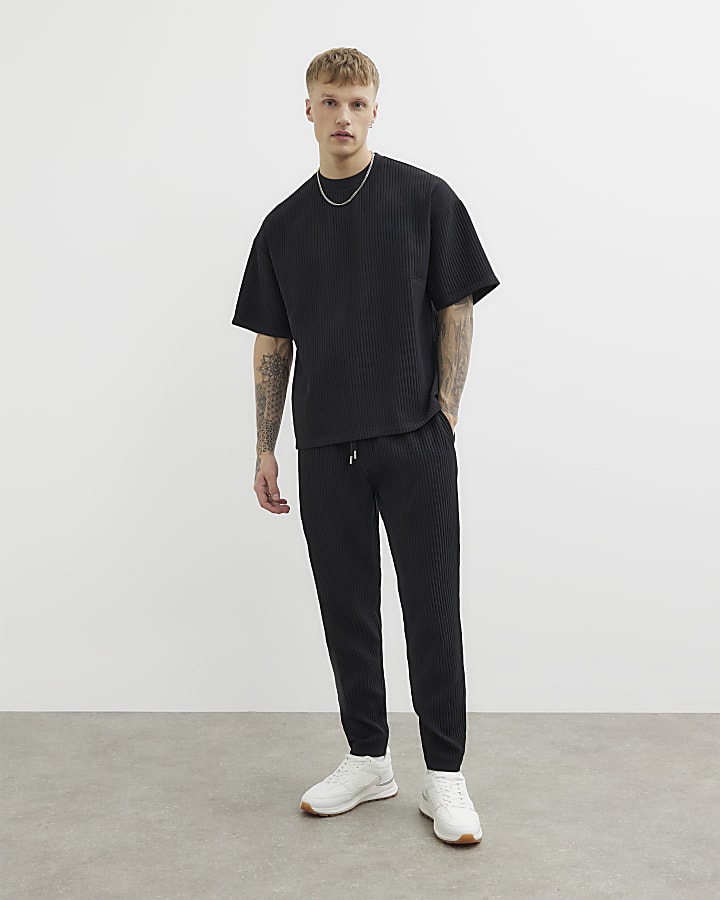 Black Plisse Slim Leg Joggers