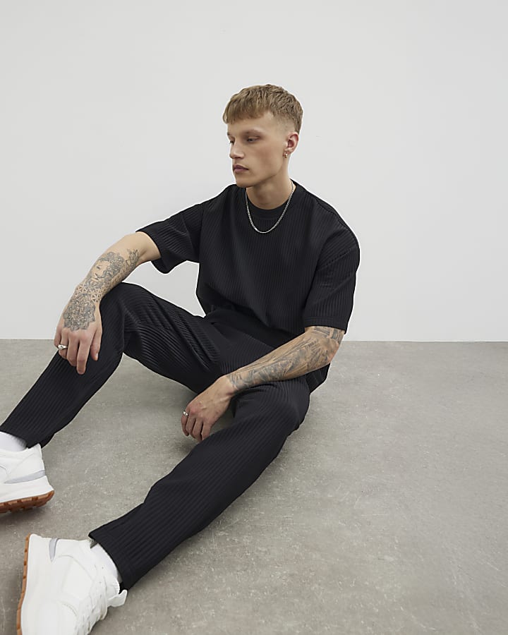 Black Plisse Slim Leg Joggers