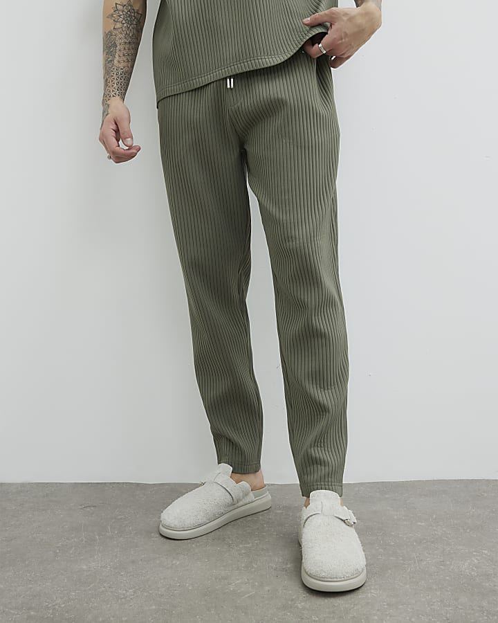 Khaki Plisse Slim Leg Joggers