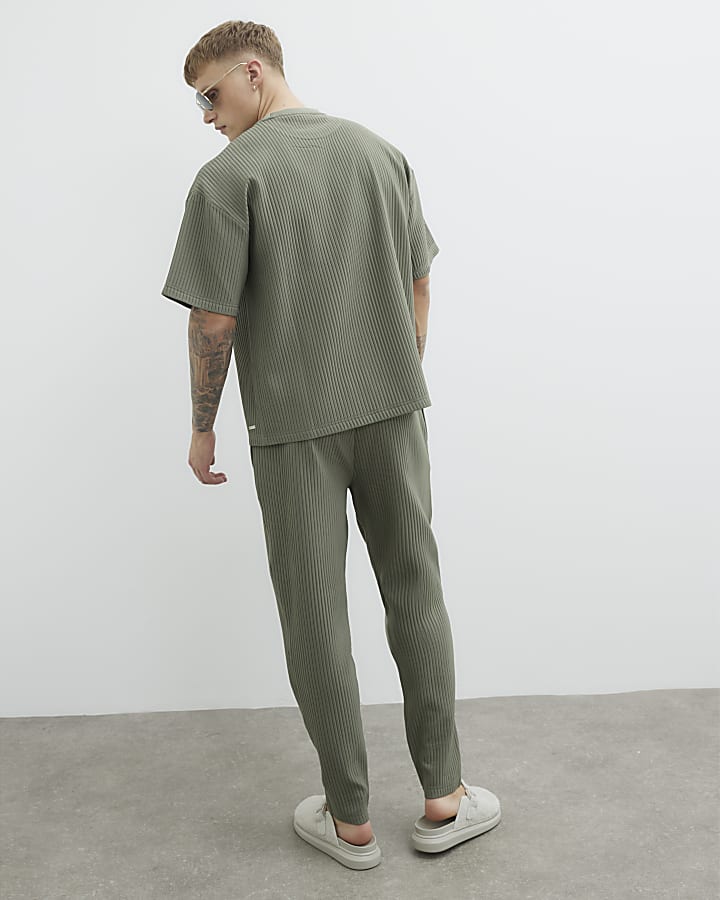 Khaki Plisse Slim Leg Joggers