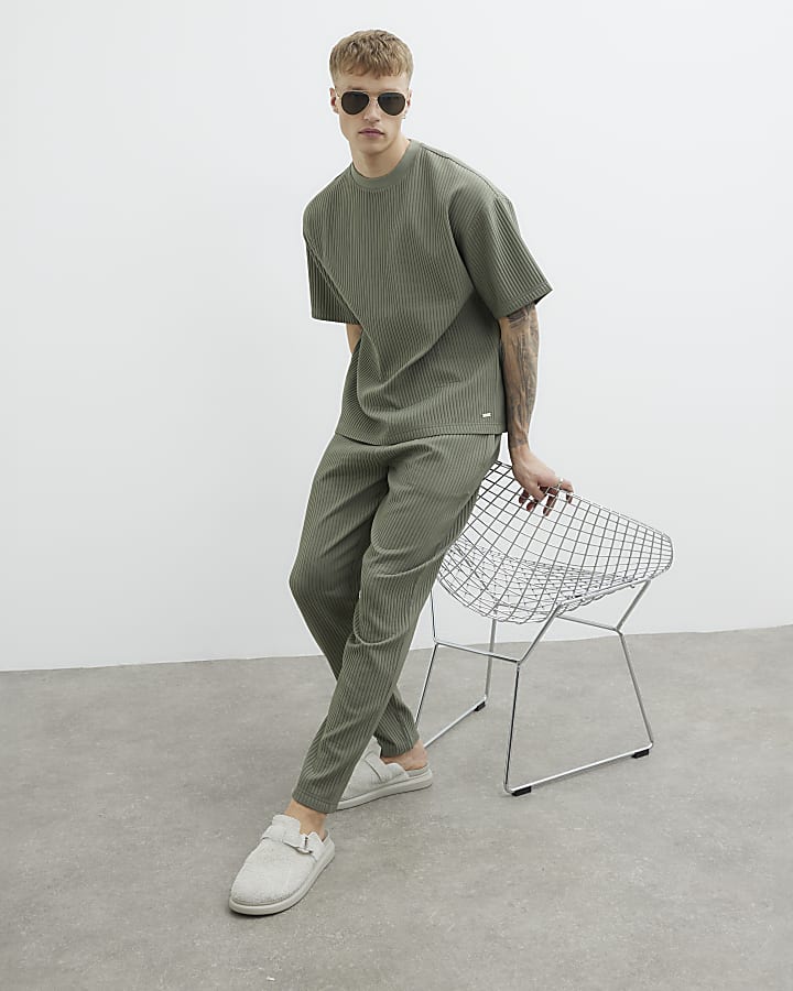 Khaki Plisse Slim Leg Joggers