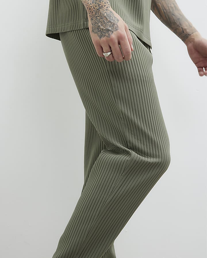 Khaki Plisse Slim Leg Joggers