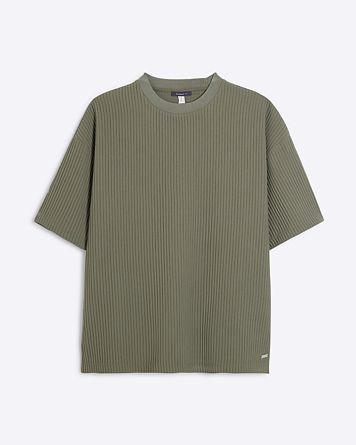 Khaki Oversized Short Sleeve Plisse T-Shirt