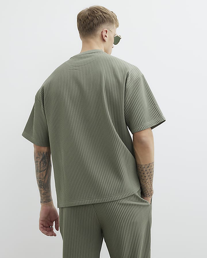 Khaki Oversized Short Sleeve Plisse T-Shirt