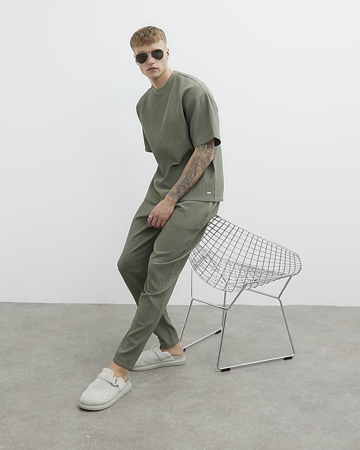 Khaki Oversized Short Sleeve Plisse T-Shirt