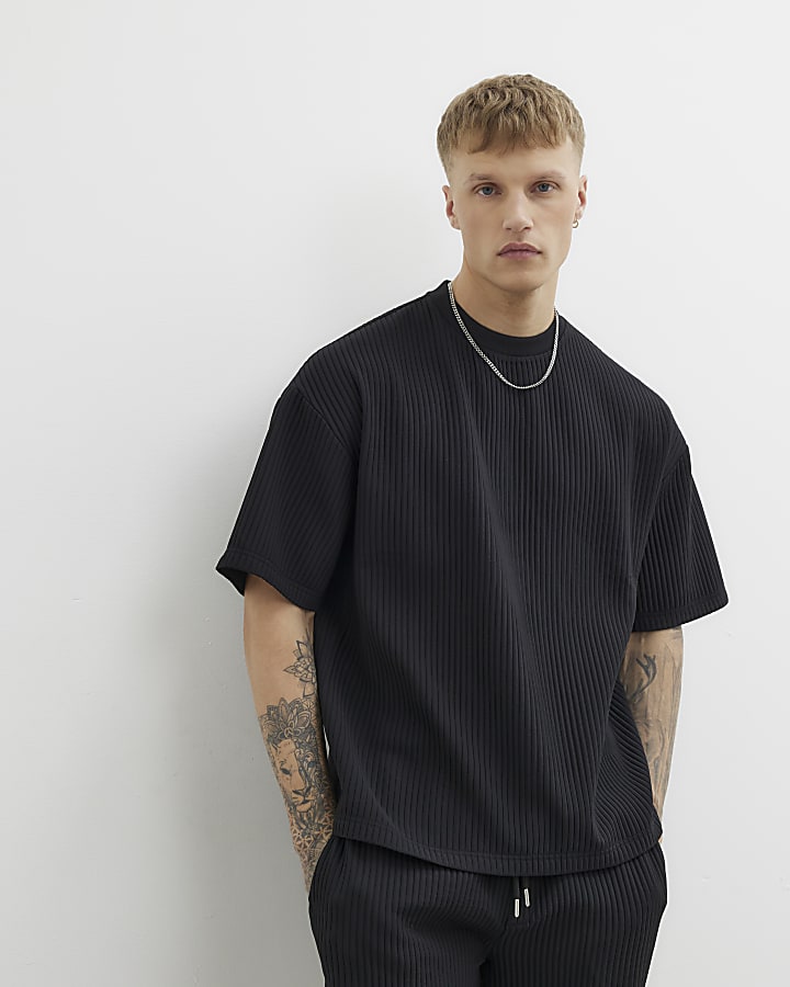 Black Oversized Short Sleeve Plisse T-Shirt