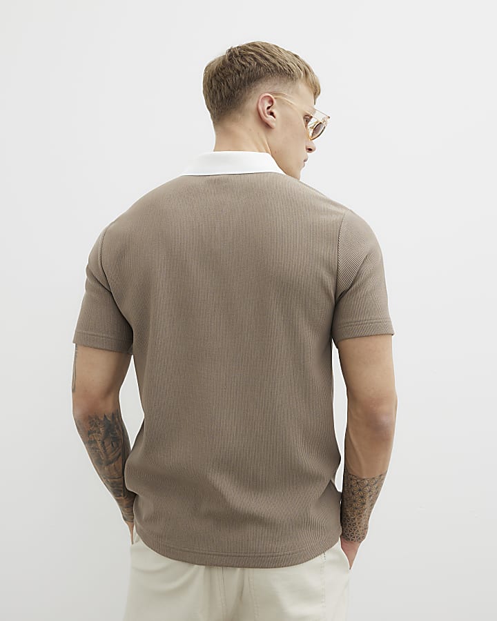 Brown Slim Fit Open Neck Polo Shirt