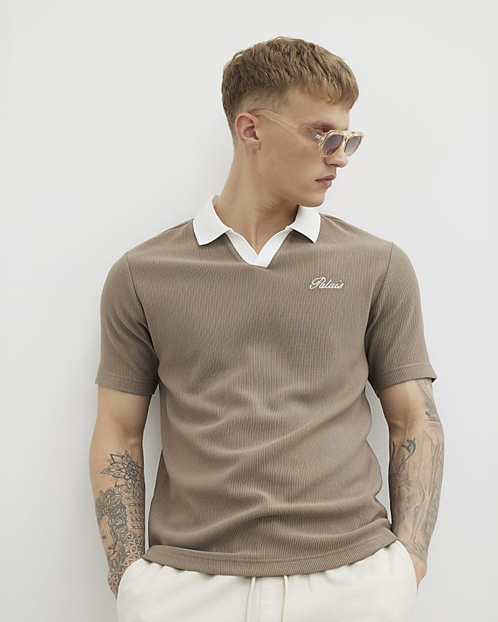 Brown Slim Fit Open Neck Polo Shirt