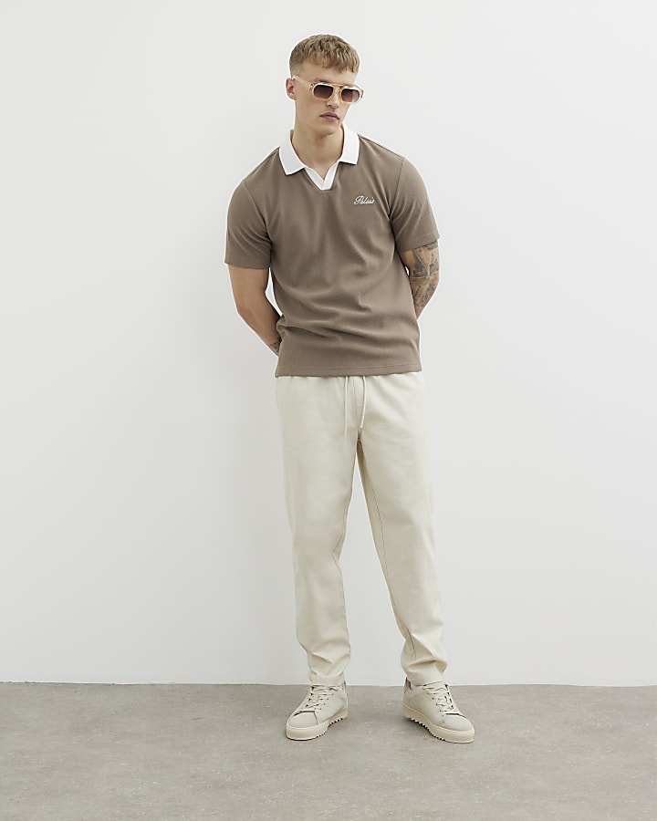 Brown Slim Fit Open Neck Polo Shirt