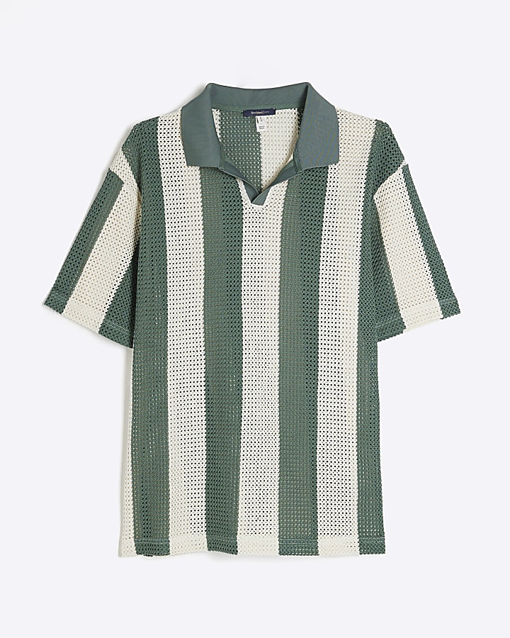 Green Regular Fit Striped Crochet Polo Shirt