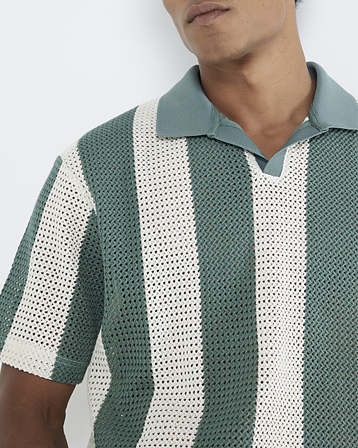 Green Regular Fit Striped Crochet Polo Shirt