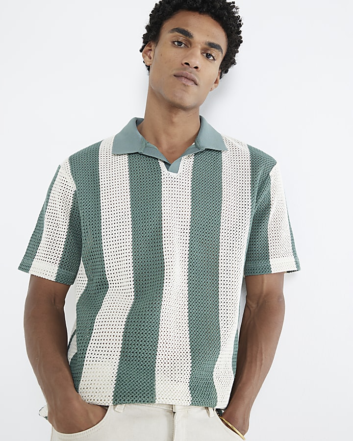 Green Regular Fit Striped Crochet Polo Shirt