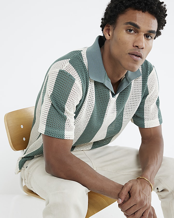 Green Regular Fit Striped Crochet Polo Shirt