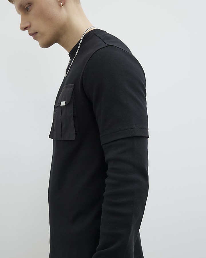 Black Regular Fit Layered Pocket T-shirt