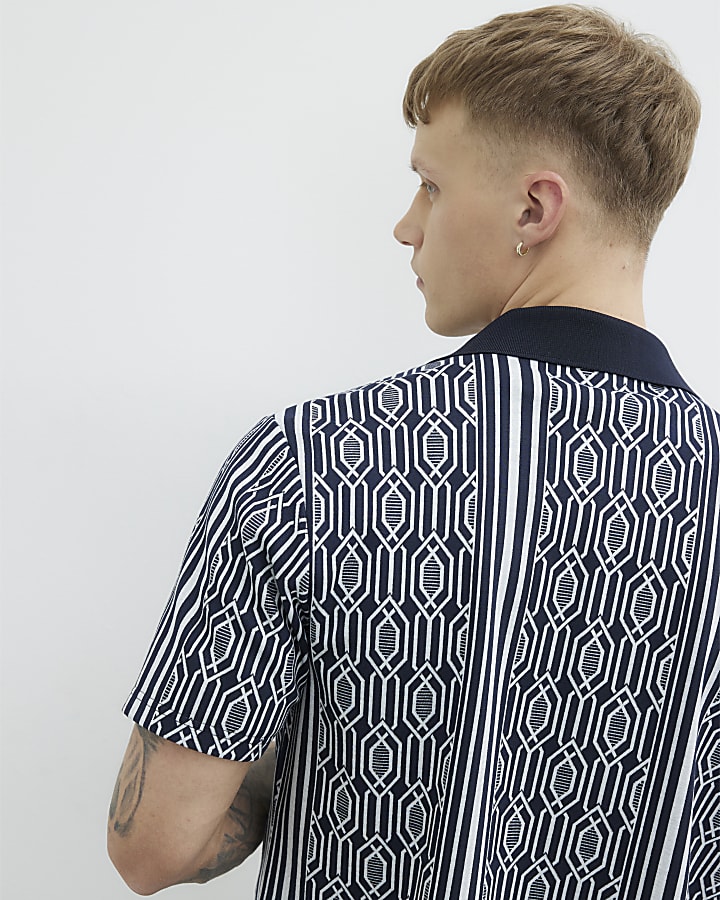 Navy Boxy Fit Art Deco Geometric Shirt