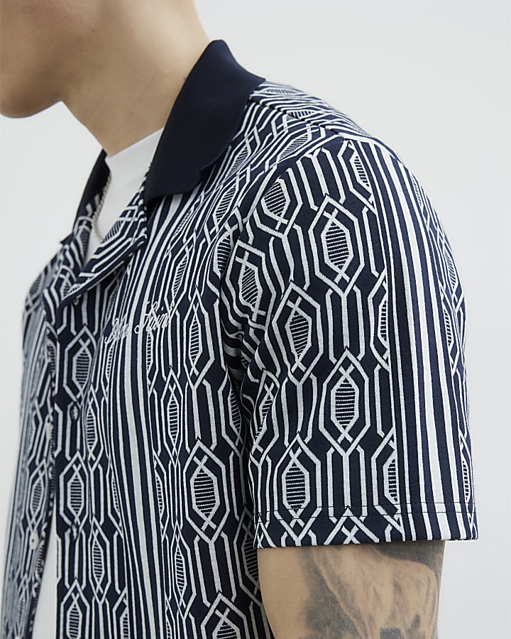 Navy Boxy Fit Art Deco Geometric Shirt