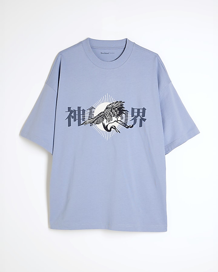 Blue Short Sleeves Crane Embroidered T-Shirt